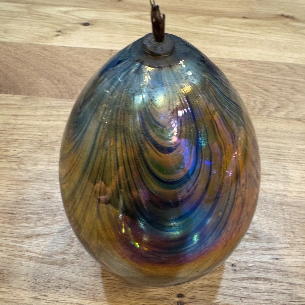 Vintage Iridescent Art Glass Oil Lamp Pulled Feather Egg Shape Blue Gold Taiwan